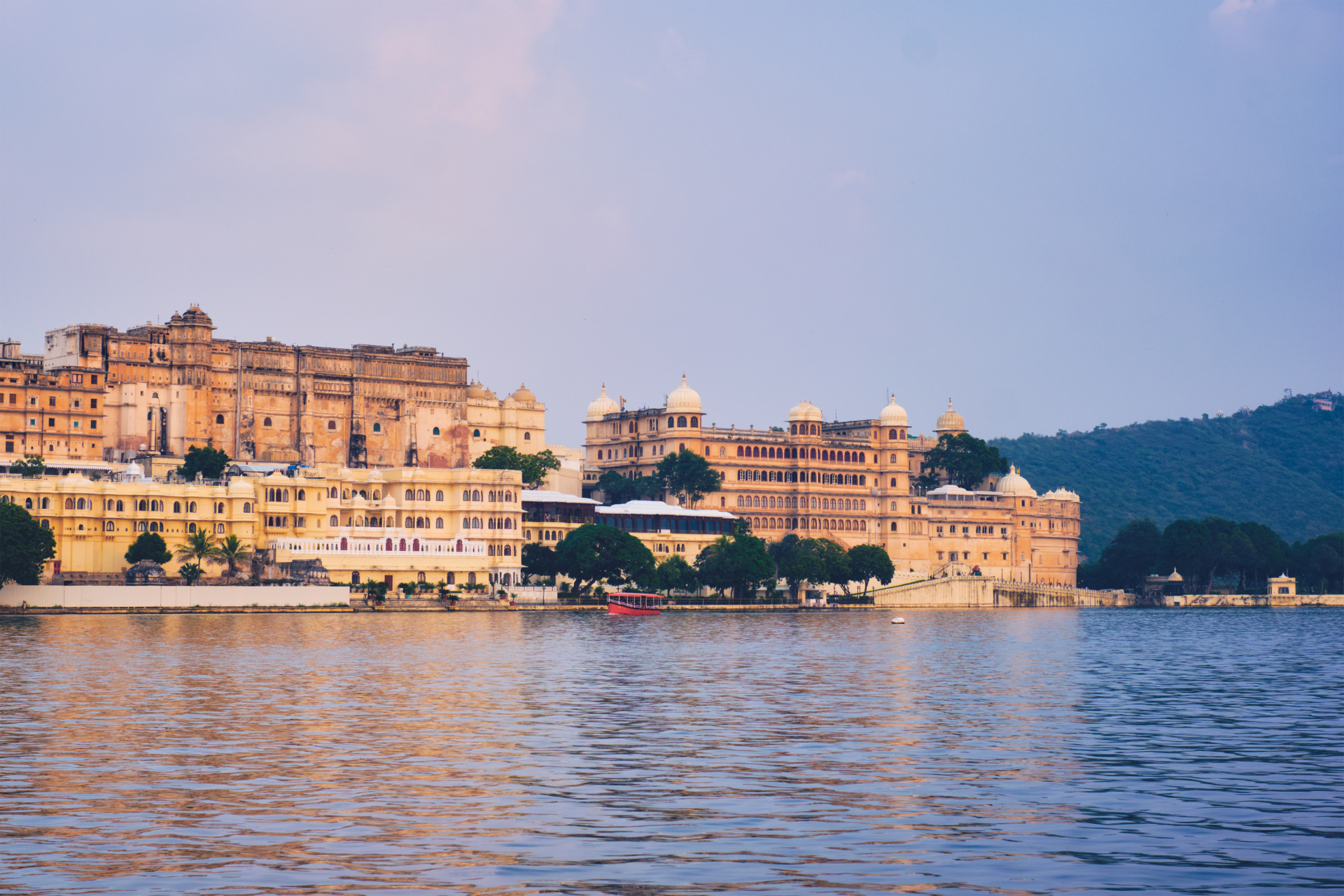 Udaipur rooftop panorama overlooking old city temples